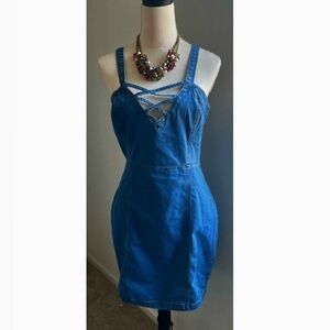 Derek Heart Womens Size Medium Blue Denim Jean Mini Dress Vneck Y2K Cotton Blend